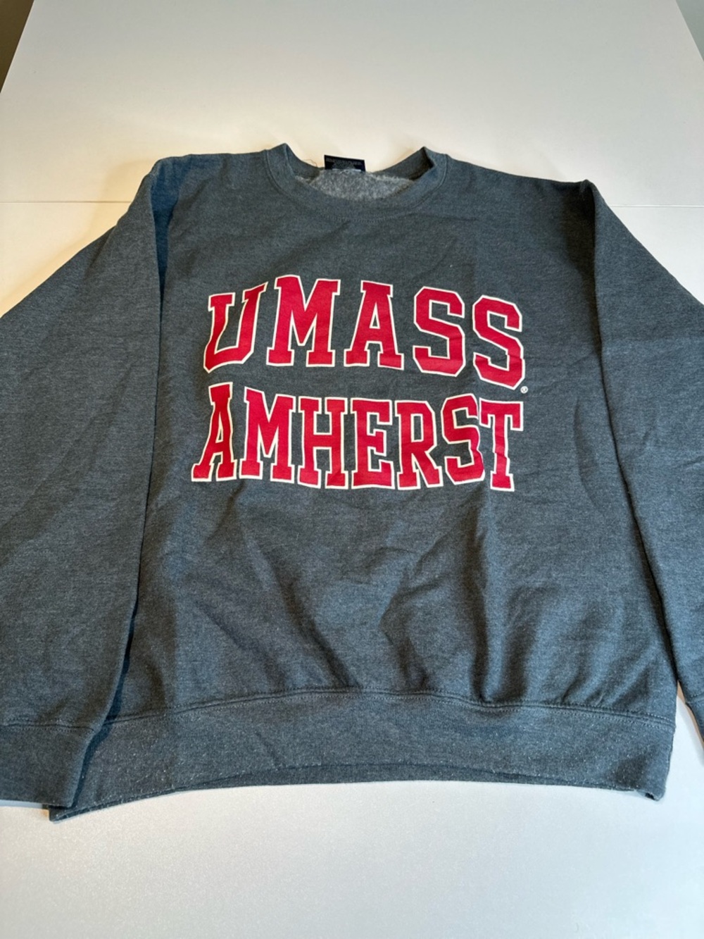 MV Sport Gray Crewneck Sweatshirt with Red UMass Amherst Letters